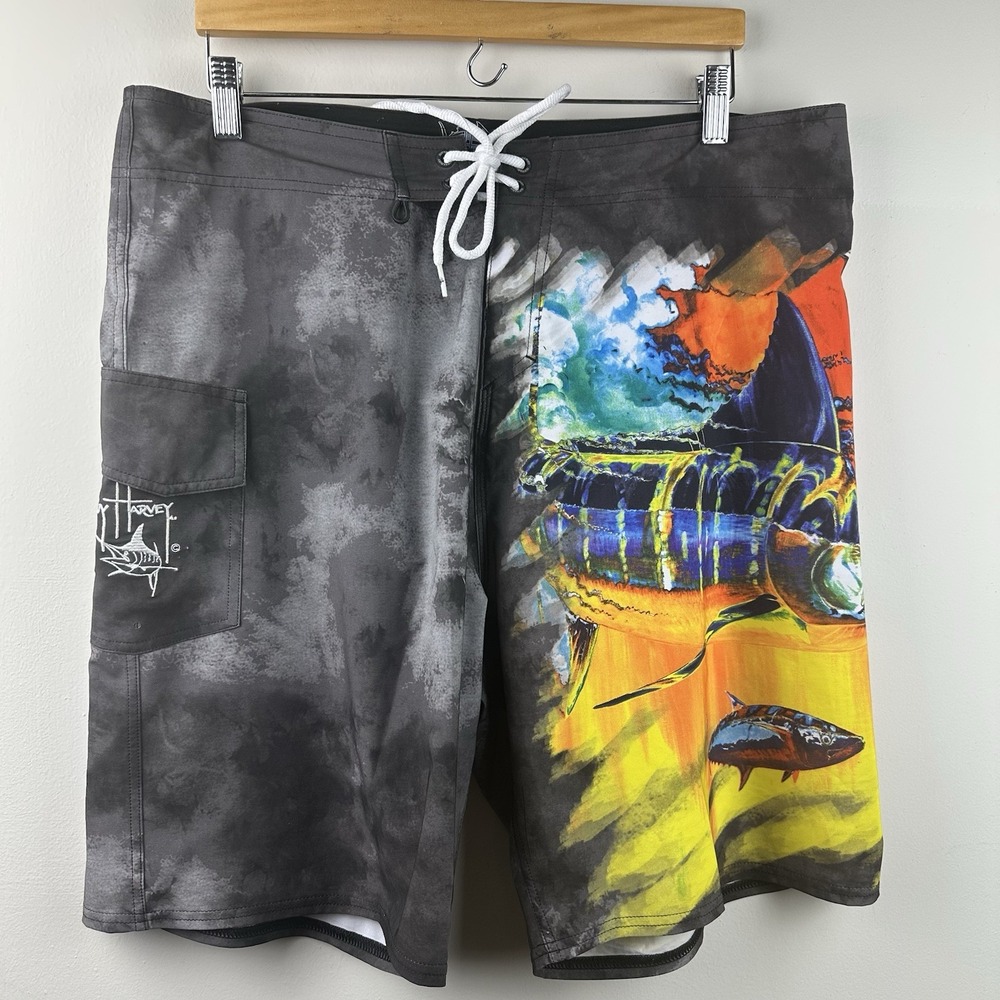 Guy Harvey Cargo Board Shorts Men's Size 36 Marlin Tuna Pocket Swim Trunks
